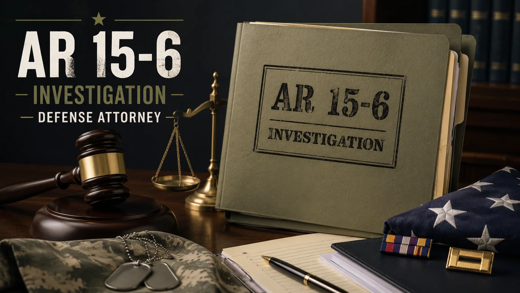 AR 15-6 investigation defense attorney image with military case file, gavel, scales of justice, documents, dog tags, and folded flag on a legal desk