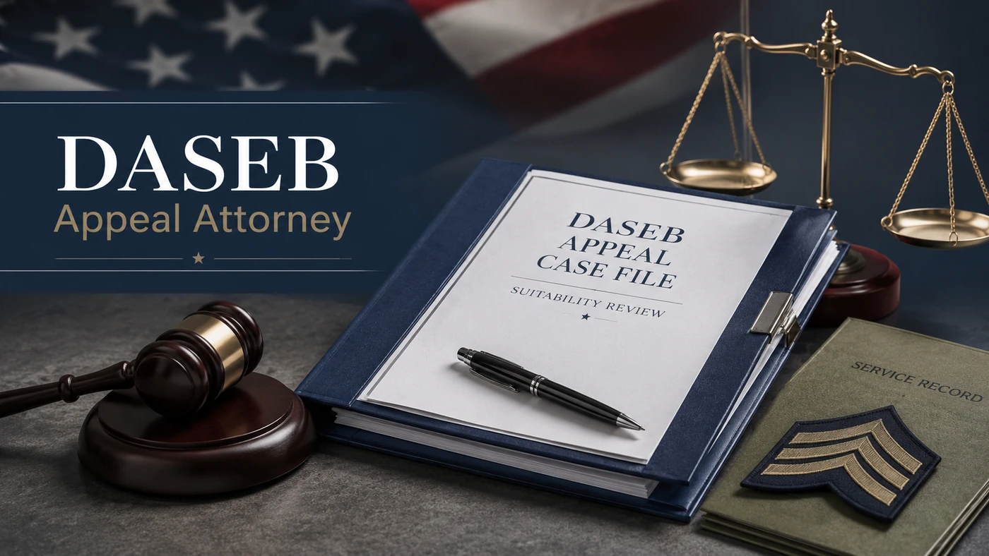 DASEB appeal attorney concept image with military service record, appeal case file, gavel, and scales of justice