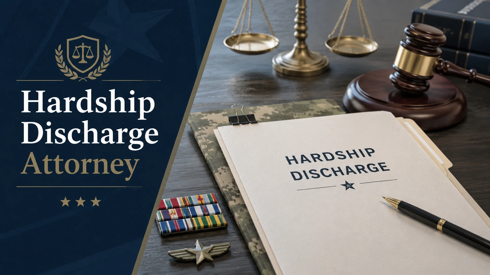 Hardship Discharge Attorney featured image with military discharge paperwork, legal scales, gavel, and service ribbons for service member hardship discharge defense