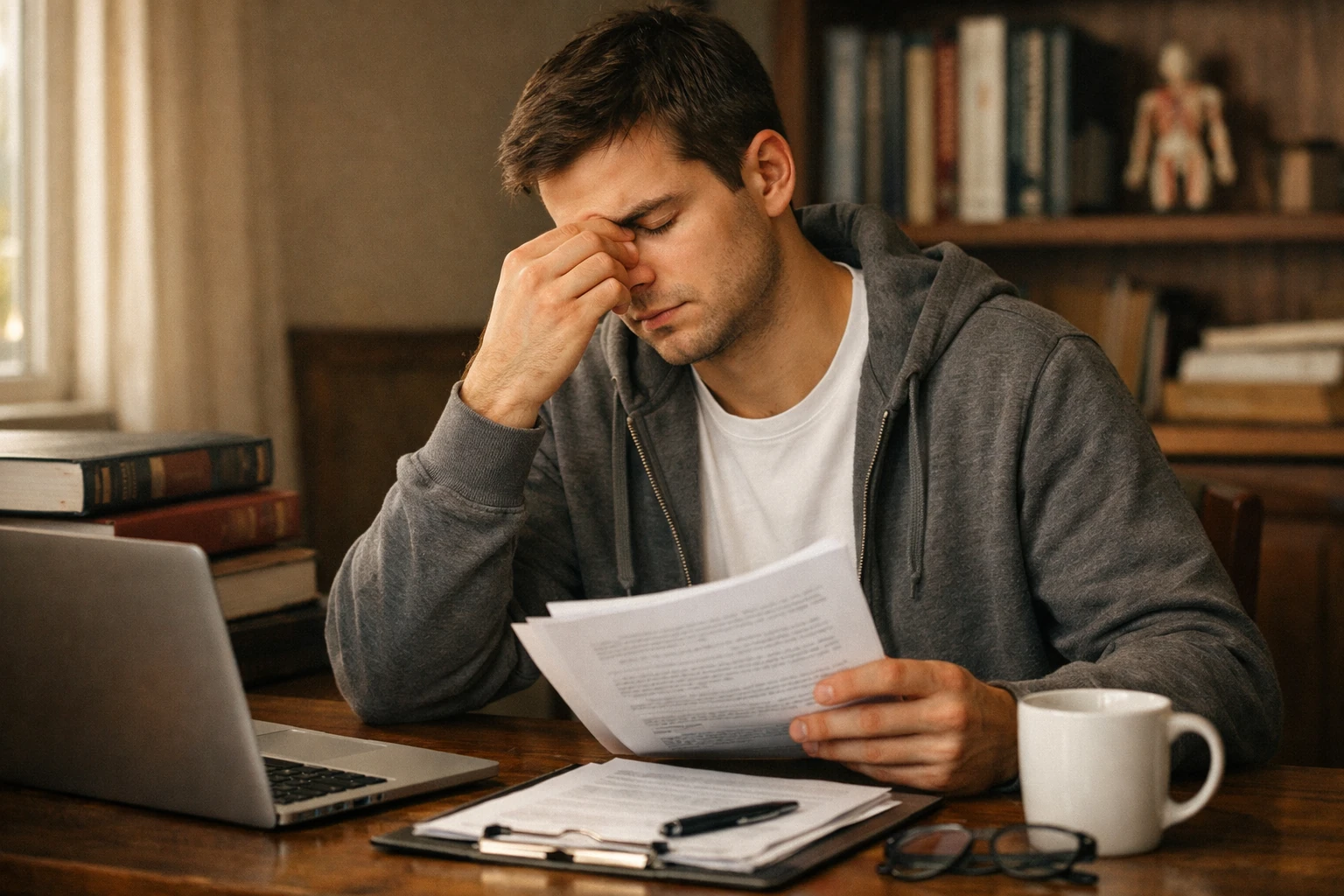 Exhausted medical student in a home study reviewing paperwork and weighing an HPSP withdrawal UQR career decision.