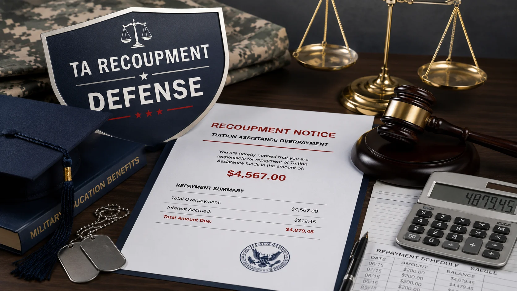 Tuition Assistance TA recoupment defense attorney image showing a military education repayment notice, gavel, scales of justice, calculator, and legal defense shield